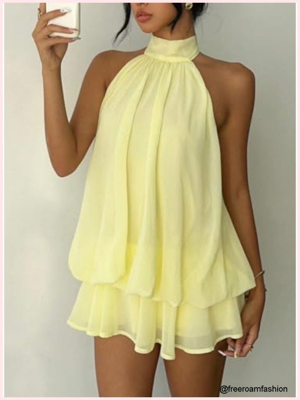 Chiffon Halter Mini Dress Backless Ruffle Flowy Wedding Guest Cocktail Y2k - Picture 4 of 6
